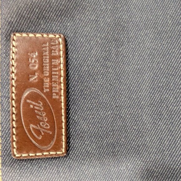 Fossil No. 54 Vintage Y2K Blue Denim Brown Leather Trim Small Tote Handbag Purse - Picture 5 of 11